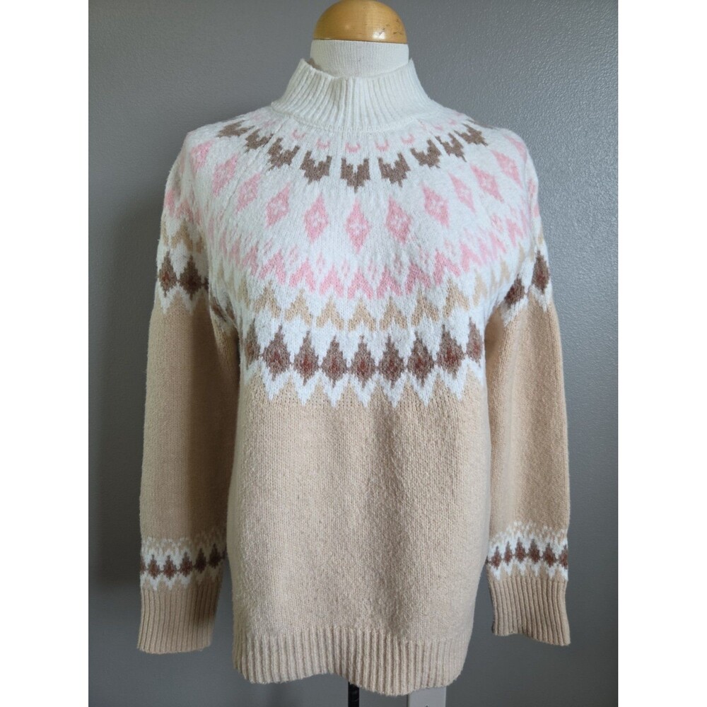 RACHEL ZOE |Sz M| Fair Isle Pastel Knit Sweater Tan Pink White Crewneck Pullover